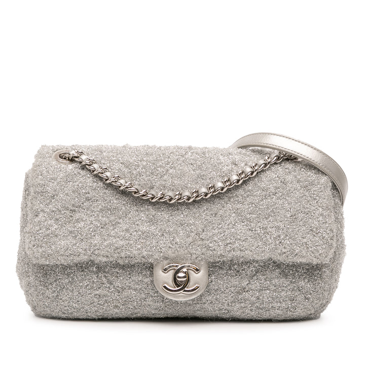 Chanel Medium Quilted Lurex Ground Control Pluto Glitter Flap Argenté