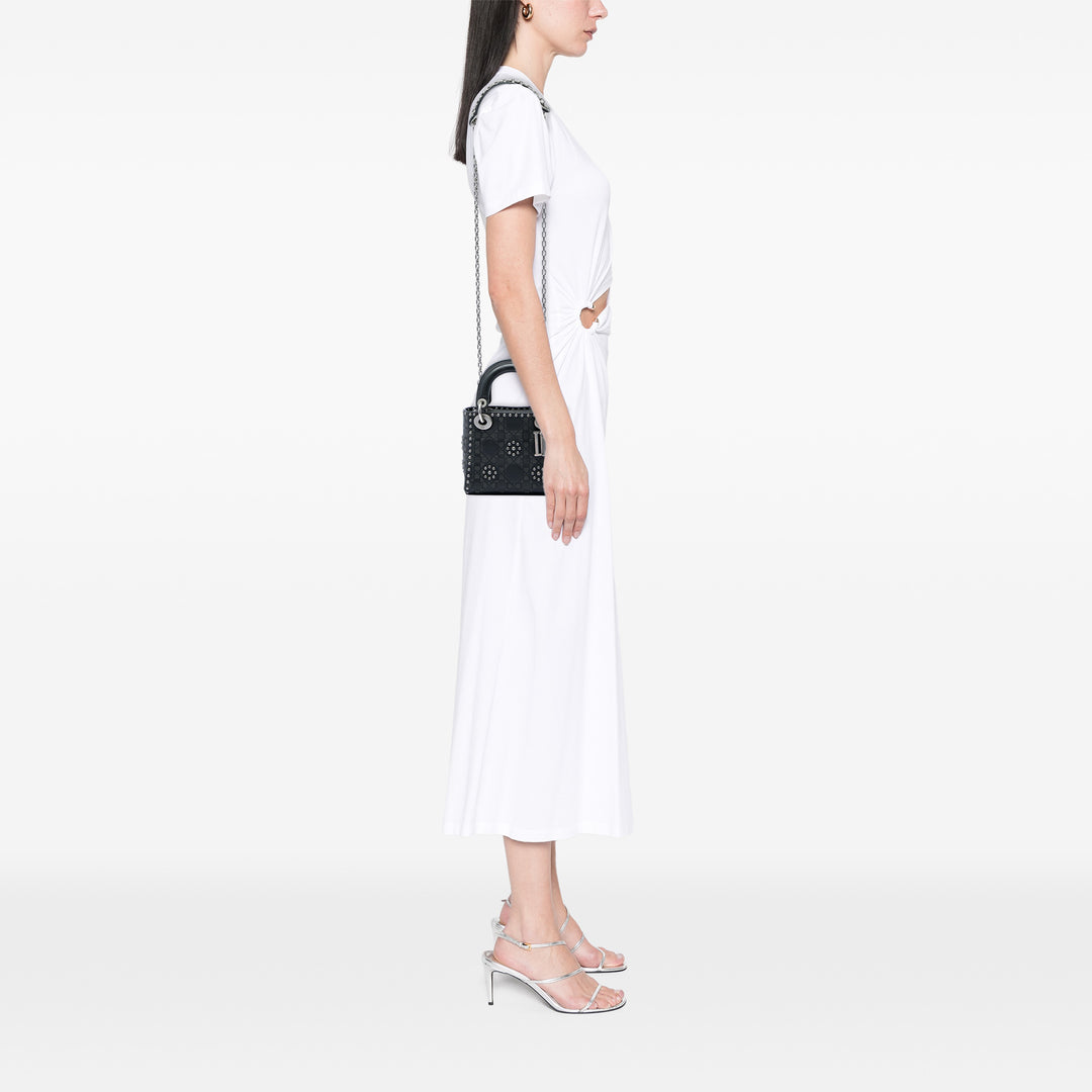 Lady Dior Cannage clouté Flower Mini Cuir de veau Noir