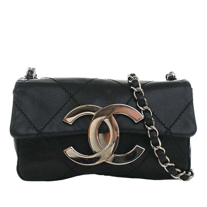 Oversized CC Diamond Stitch à rabat Cuir de veau Noir