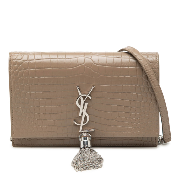 Saint Laurent Small Croc embossé Cuir Monogram Kate Pompon Wallet on Chain