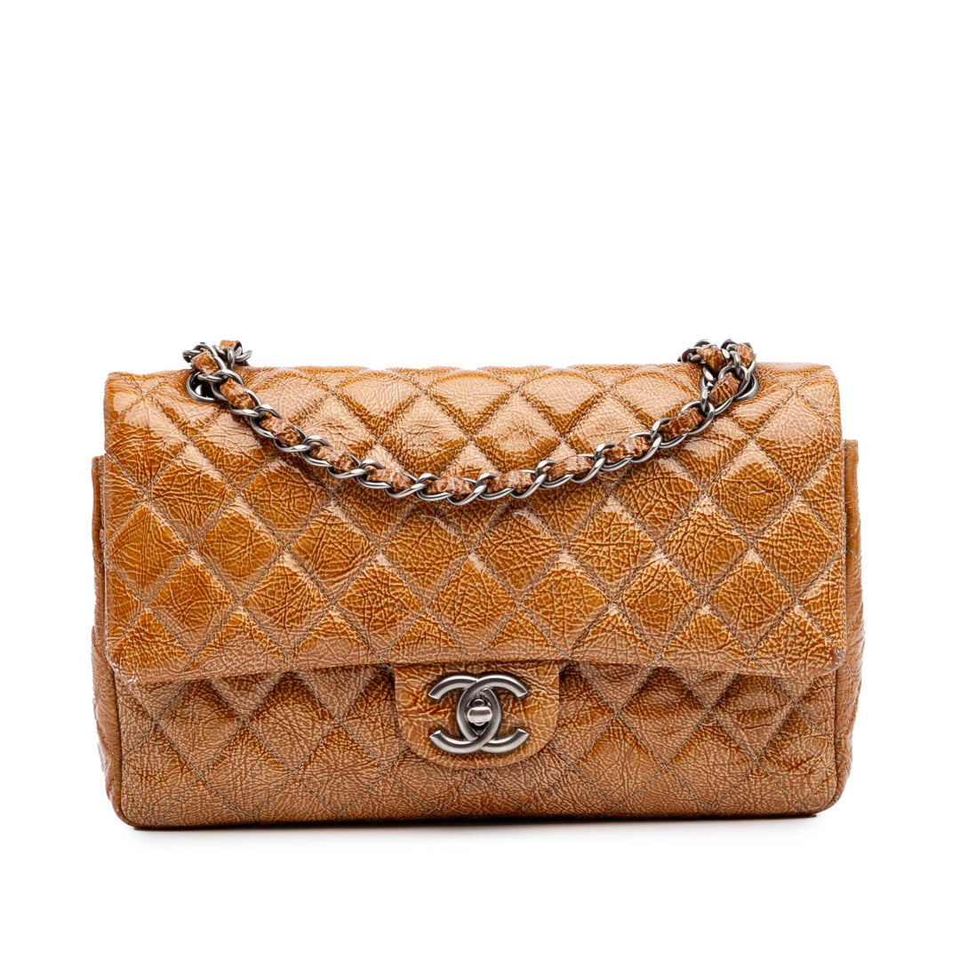 Medium Classic Crinkled Patent Double Flap Brown - Gaby Paris