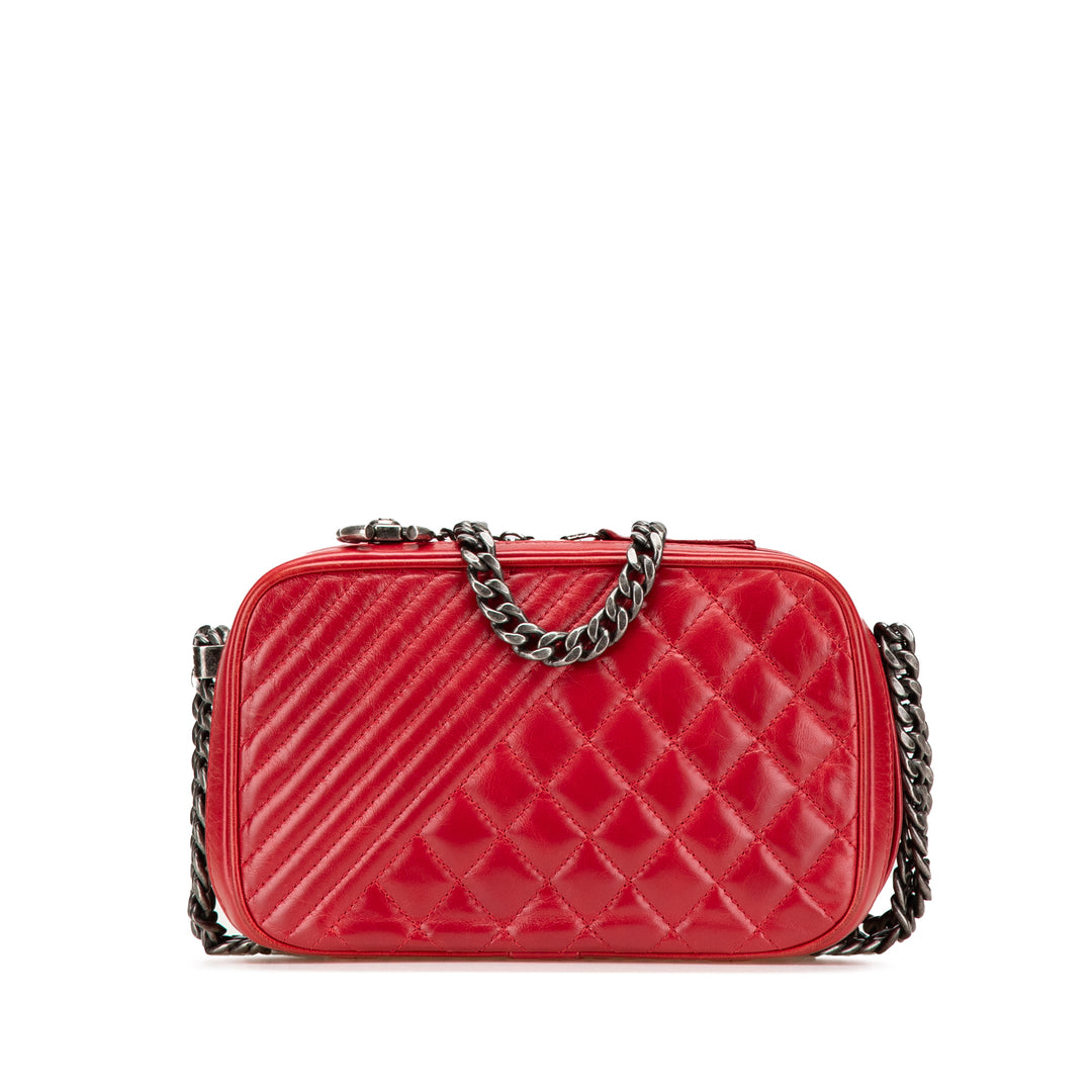 Small Quilted Glazed Calfskin Coco Boy Camera Bag Red - Gaby Paris