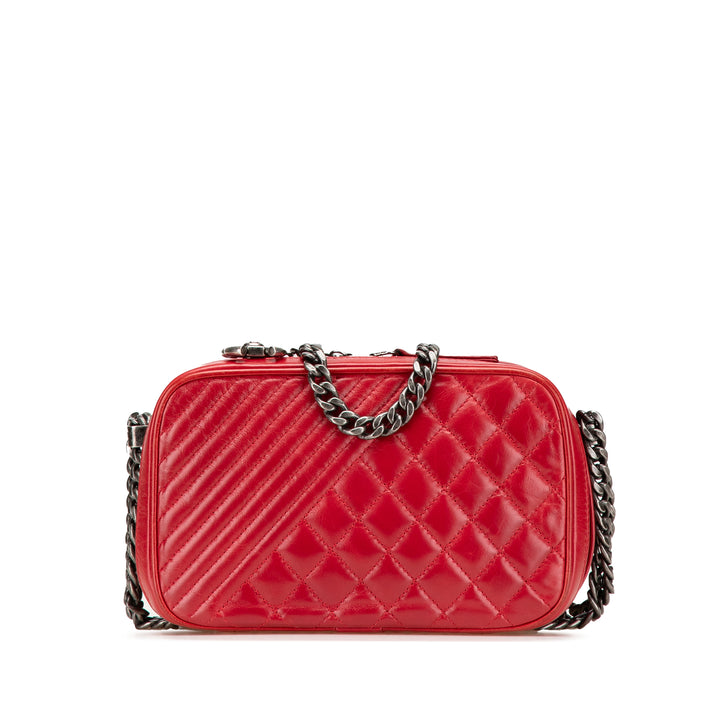 Small Quilted Glazed Calfskin Coco Boy Camera Bag Red - Gaby Paris