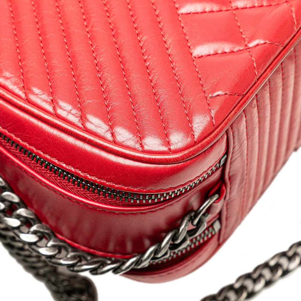 Small Quilted Glazed Calfskin Coco Boy Camera Bag Red - Gaby Paris