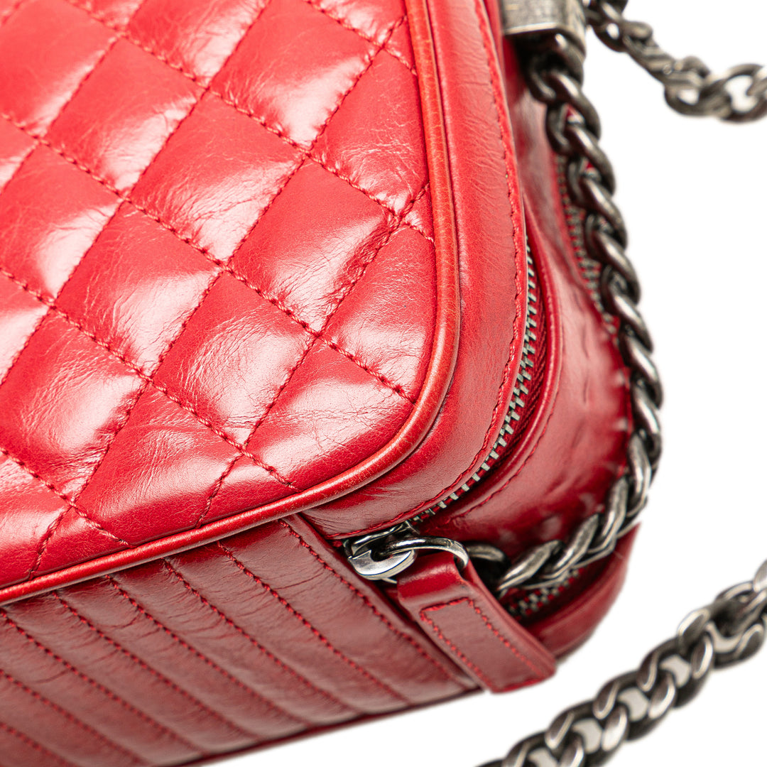 Small Quilted Glazed Calfskin Coco Boy Camera Bag Red - Gaby Paris