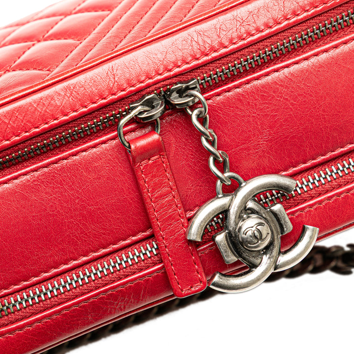 Small Quilted Glazed Calfskin Coco Boy Camera Bag Red - Gaby Paris