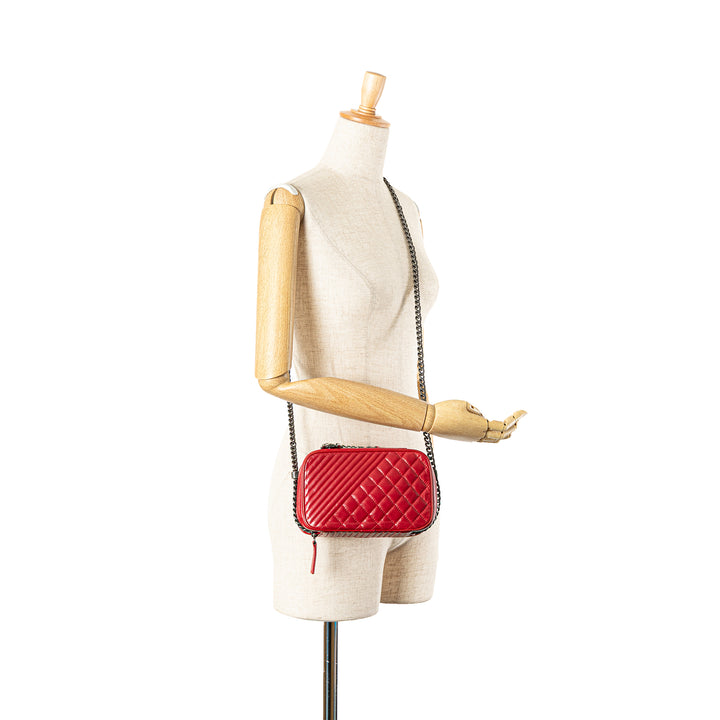 Small Quilted Glazed Calfskin Coco Boy Camera Bag Red - Gaby Paris
