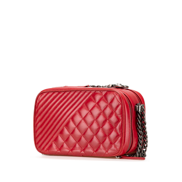 Small Quilted Glazed Calfskin Coco Boy Camera Bag Red - Gaby Paris