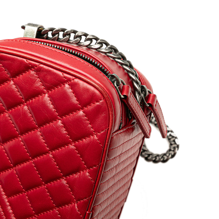 Small Quilted Glazed Calfskin Coco Boy Camera Bag Red - Gaby Paris