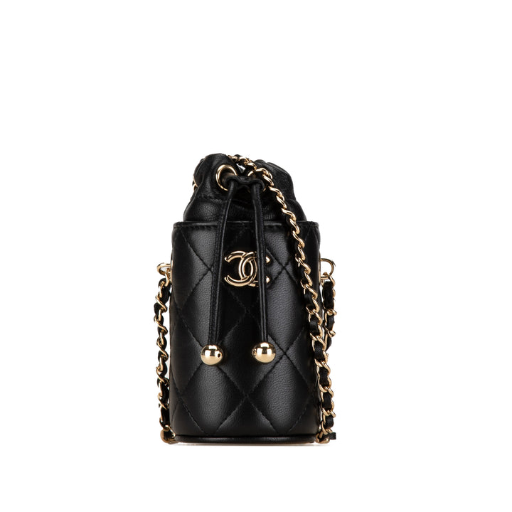 Micro CC Quilted Calfskin Drawstring Bucket Bag Black - Gaby Paris