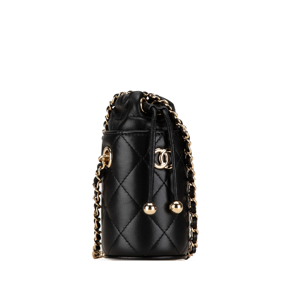 Micro CC Quilted Calfskin Drawstring Bucket Bag Black - Gaby Paris