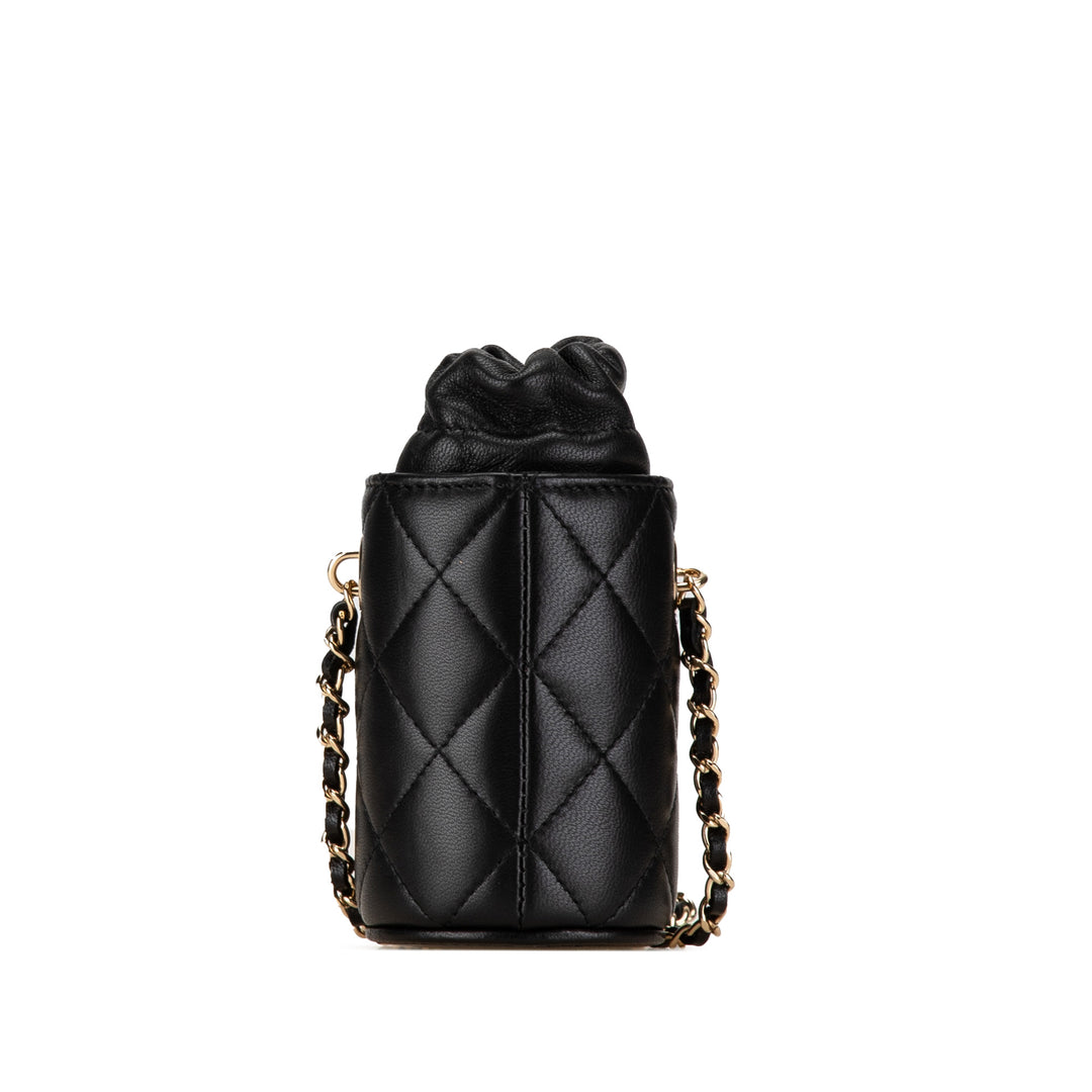 Micro CC Quilted Calfskin Drawstring Bucket Bag Black - Gaby Paris