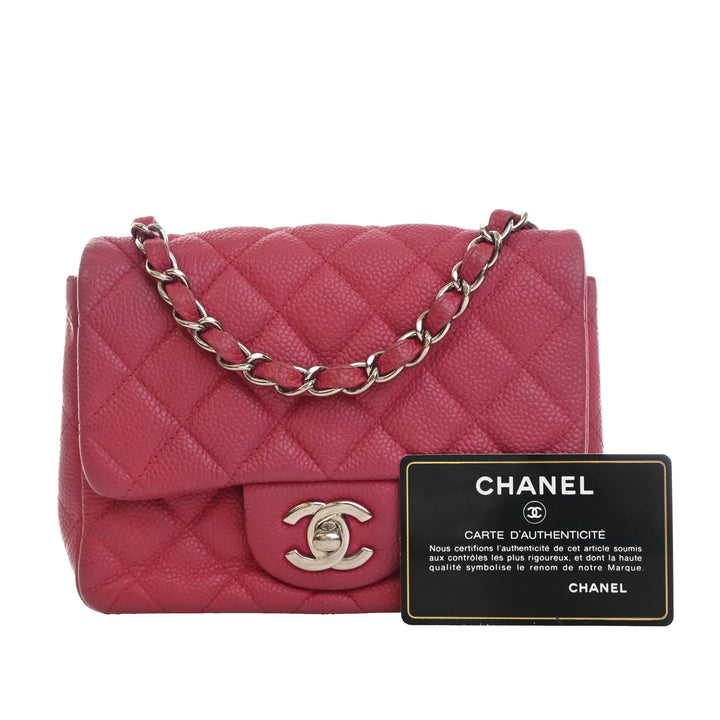 Classic Carré Rabat simple Mini Cuir caviar Rose
