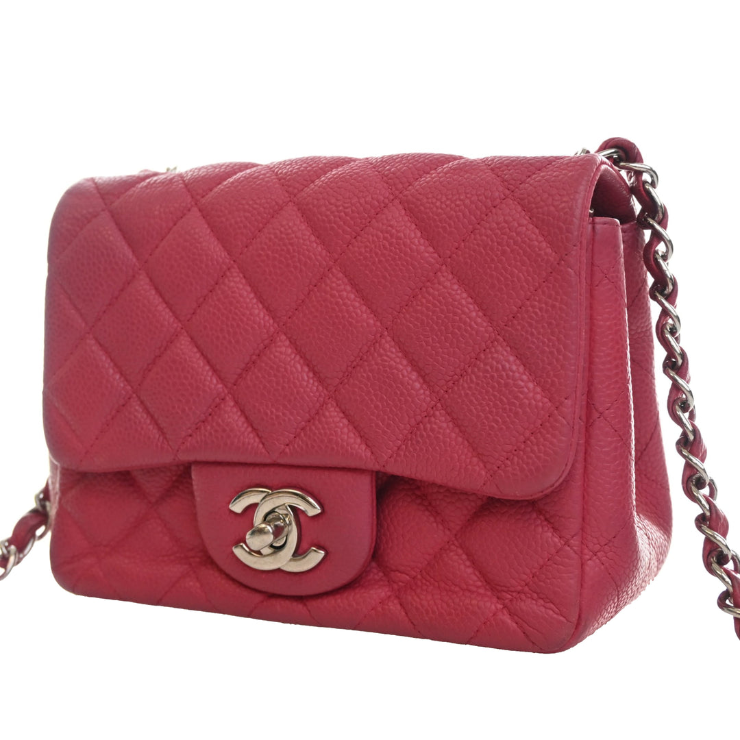 Classic Carré Rabat simple Mini Cuir caviar Rose