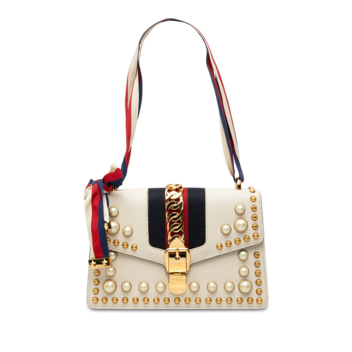 clouté et Perle Orné Web Sylvie Sac Petit Cuir de veau Blanc