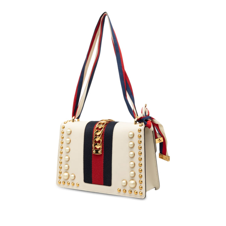 clouté et Perle Orné Web Sylvie Sac Petit Cuir de veau Blanc