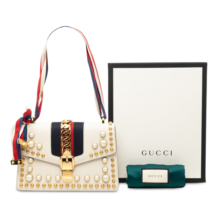 clouté et Perle Orné Web Sylvie Sac Petit Cuir de veau Blanc