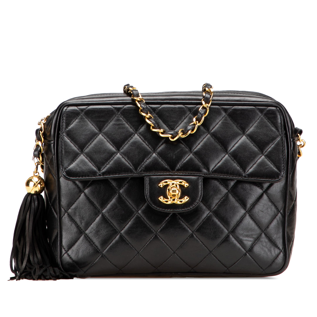 Small CC Quilted Lambskin Tassel Flap Camera Bag Black - Gaby Paris