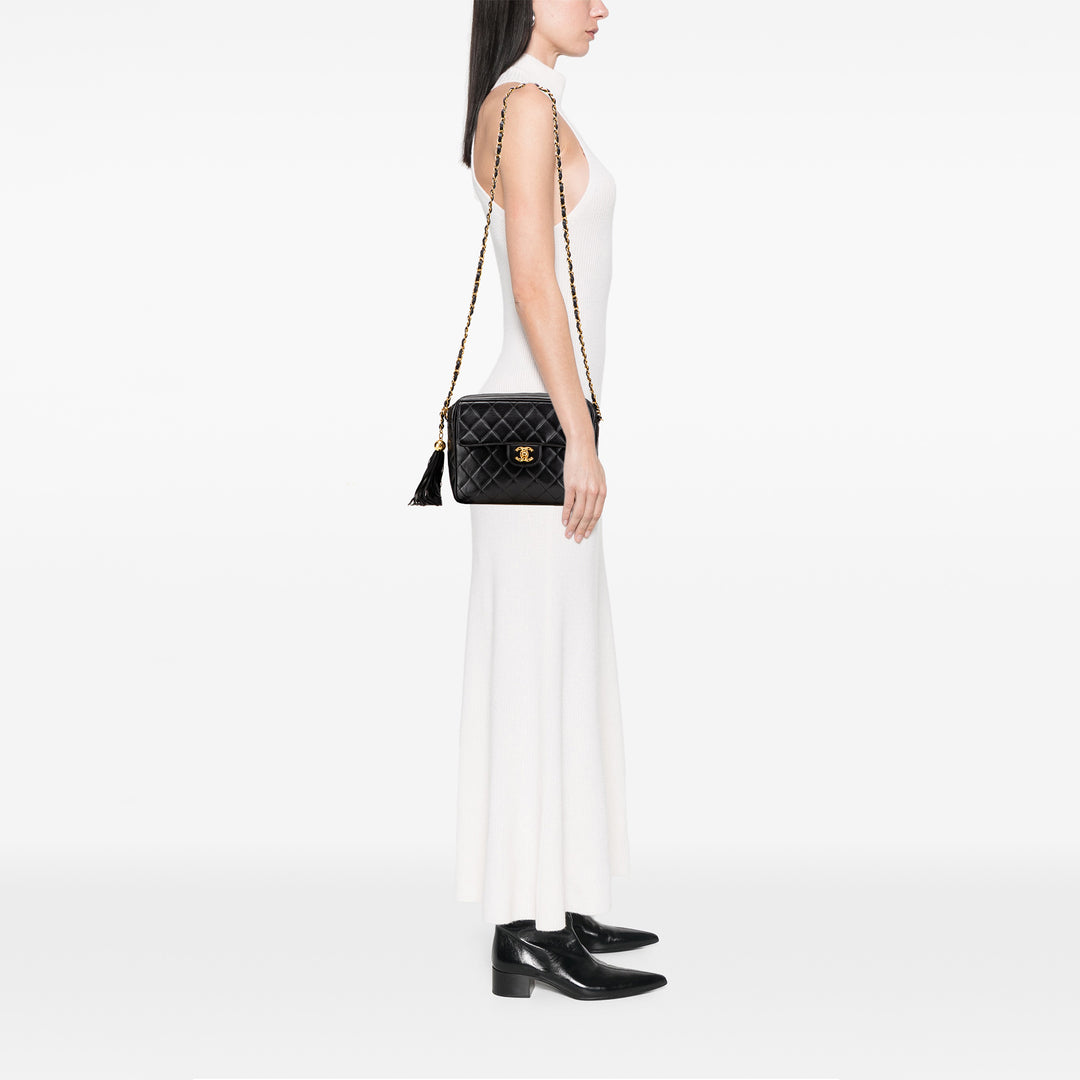 Small CC Quilted Lambskin Tassel Flap Camera Bag Black - Gaby Paris