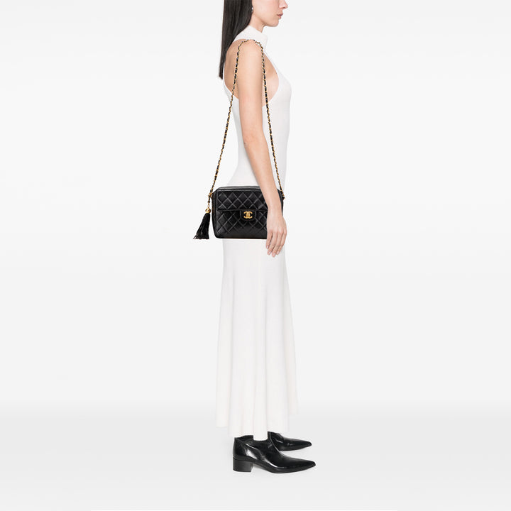 Small CC Quilted Lambskin Tassel Flap Camera Bag Black - Gaby Paris