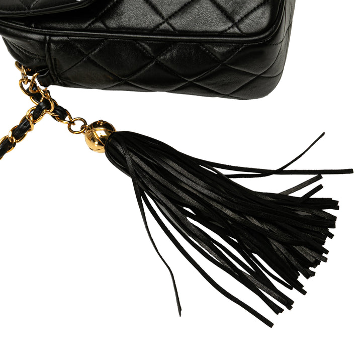 Small CC Quilted Lambskin Tassel Flap Camera Bag Black - Gaby Paris