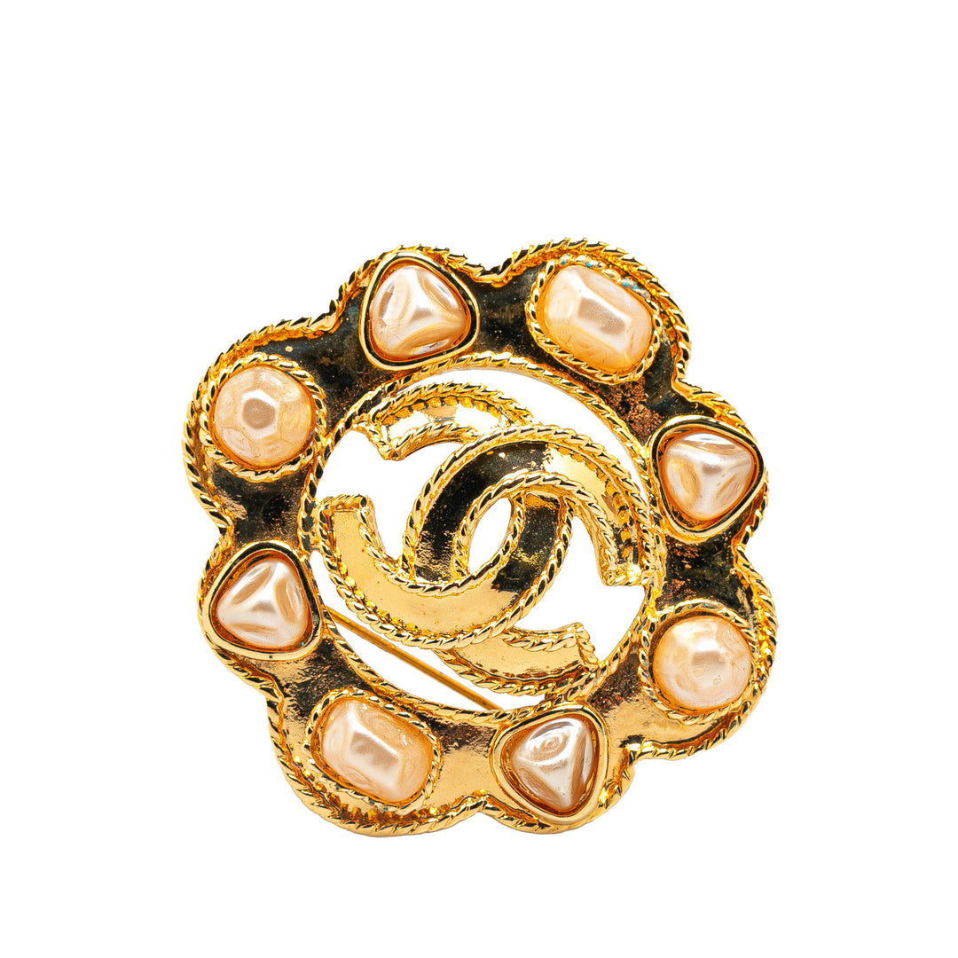 Gold Plated Faux Pearl CC Brooch Gold - Gaby Paris