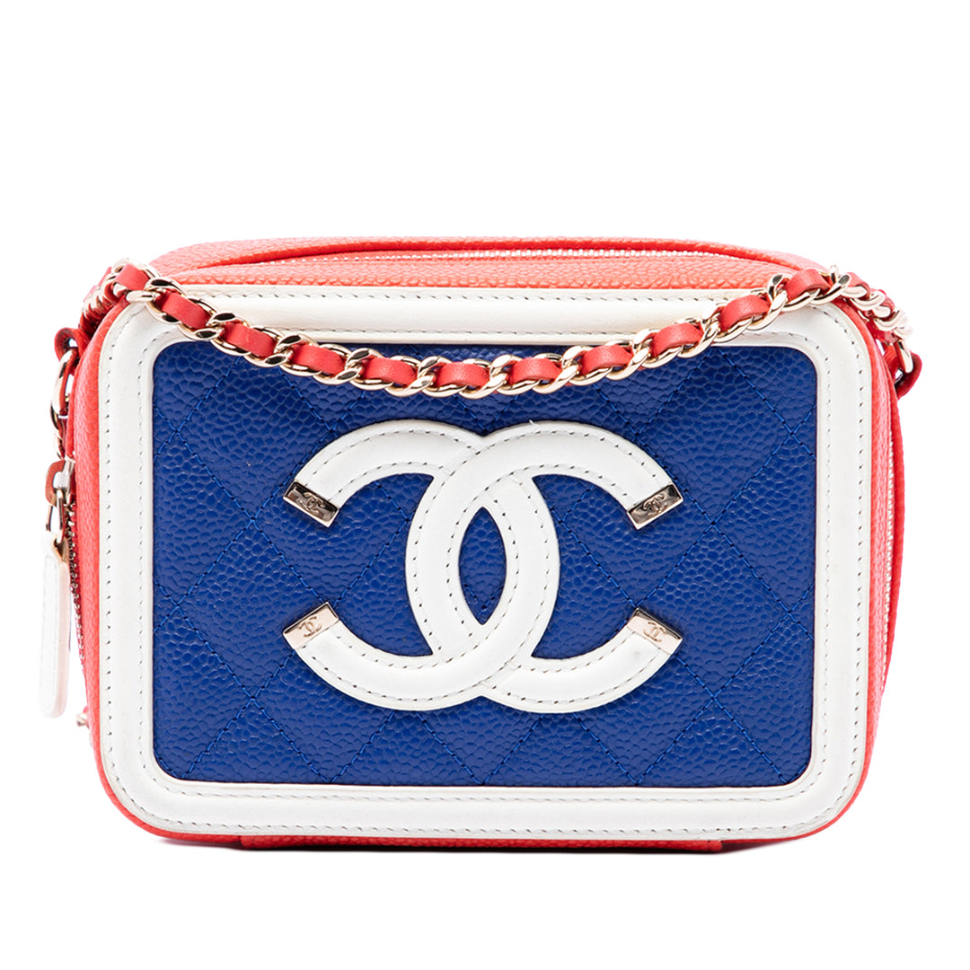 Chanel Vanity Tricolore CC Filigree Mini Cuir caviar Bleu – vue principale – GABY PARIS