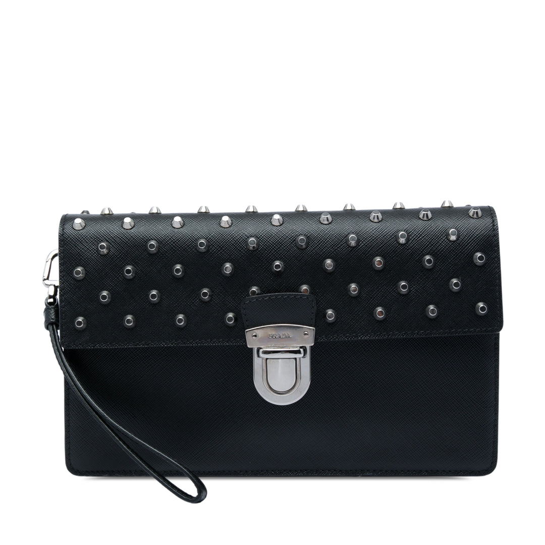 clouté Push Lock Wristlet Pochette Saffiano Noir