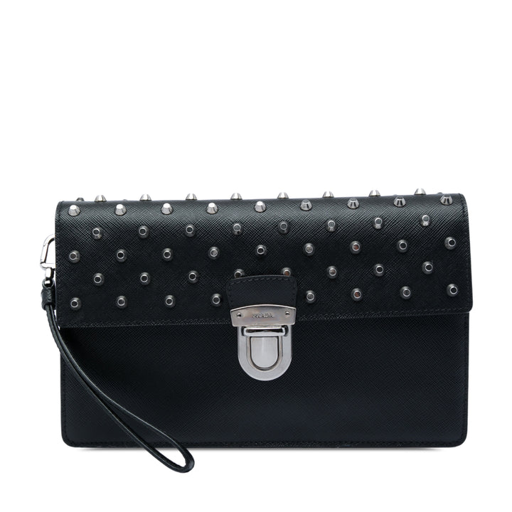 clouté Push Lock Wristlet Pochette Saffiano Noir
