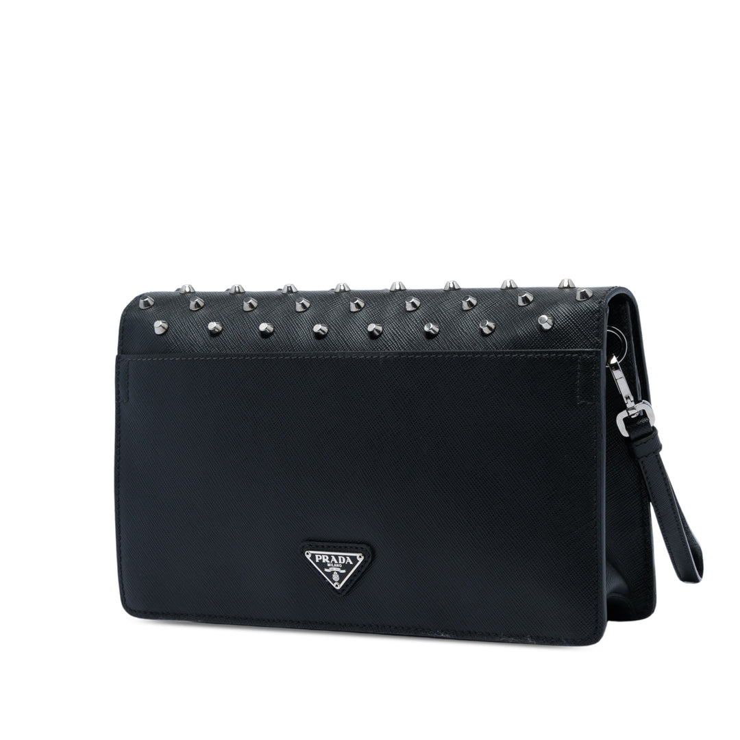 clouté Push Lock Wristlet Pochette Saffiano Noir