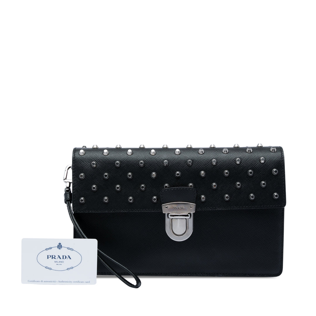 clouté Push Lock Wristlet Pochette Saffiano Noir