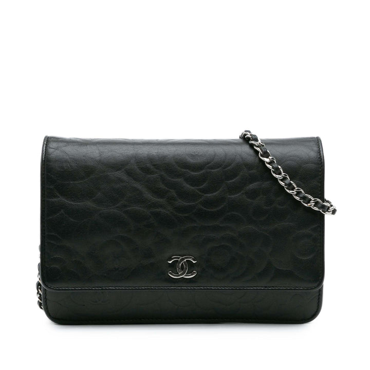 Chanel CC Embossed Cuir d’agneau Camellia Wallet On Chain Noir