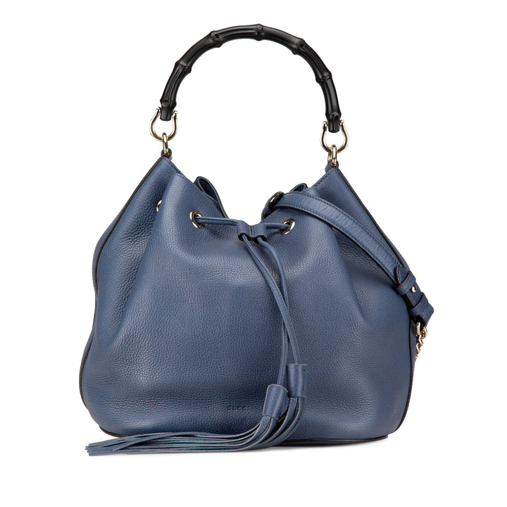 Leather Miss Bamboo Tassel Bucket Bag Blue - Gaby Paris