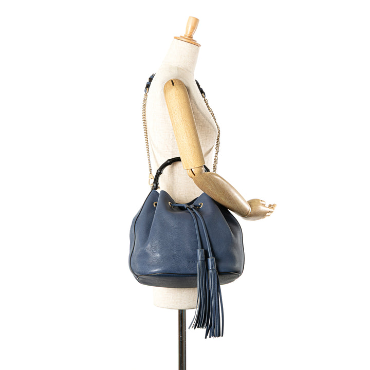 Leather Miss Bamboo Tassel Bucket Bag Blue - Gaby Paris