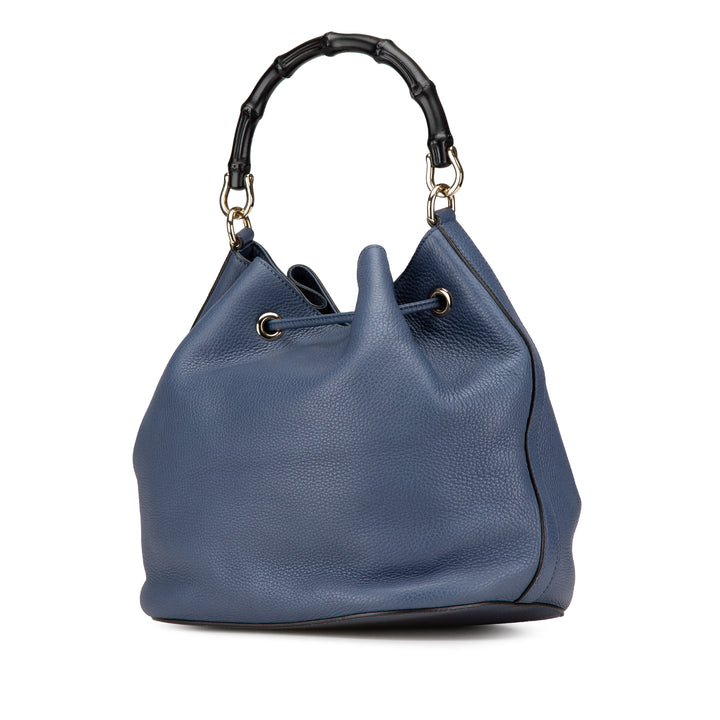 Leather Miss Bamboo Tassel Bucket Bag Blue - Gaby Paris