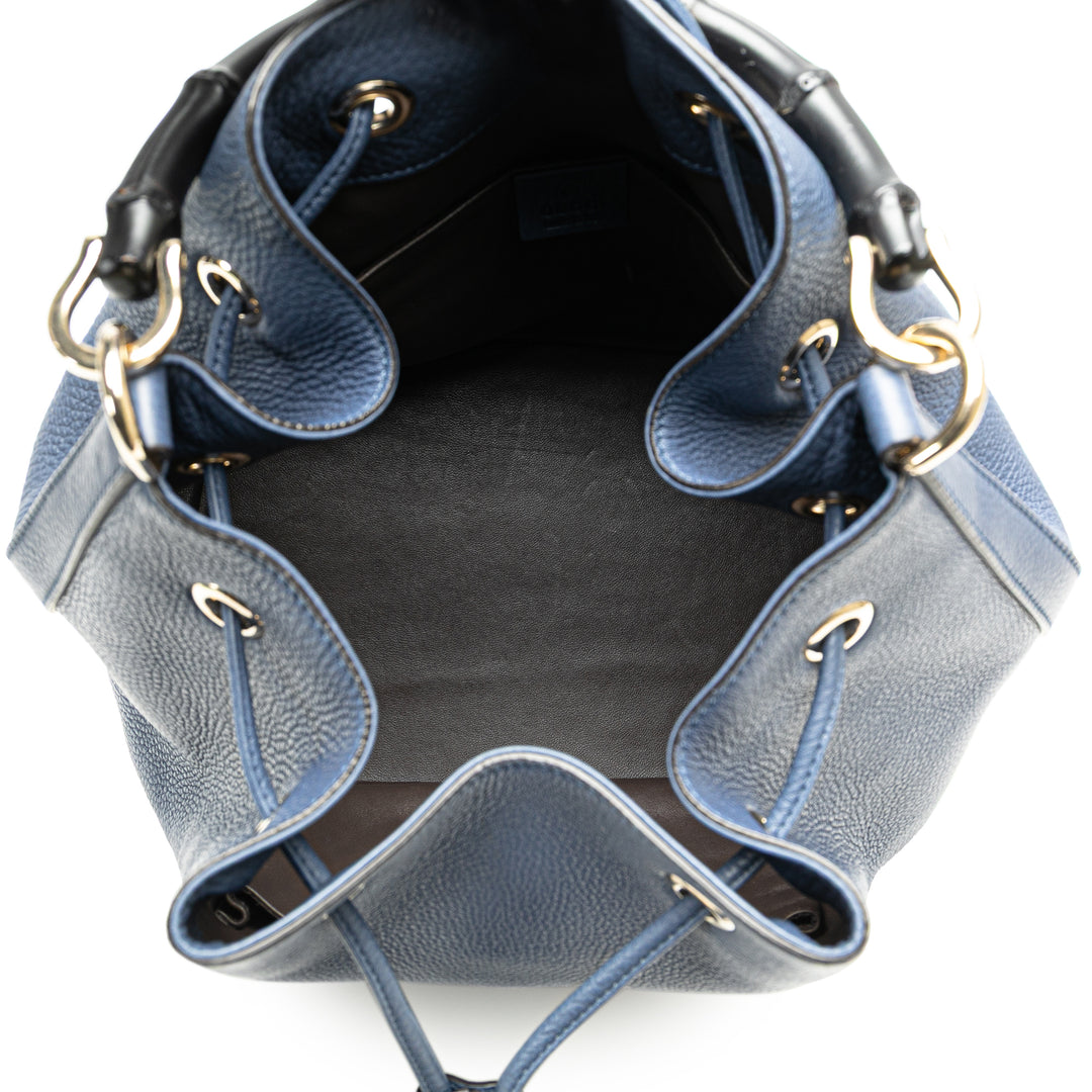 Leather Miss Bamboo Tassel Bucket Bag Blue - Gaby Paris