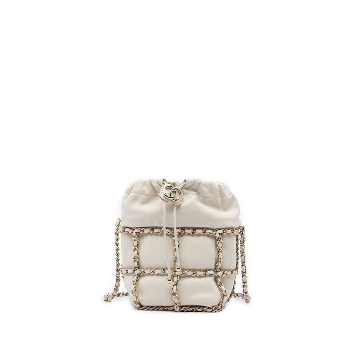 CC Chaîne Armature Sac à cordon seau Mini Cuir d'agneau Blanc