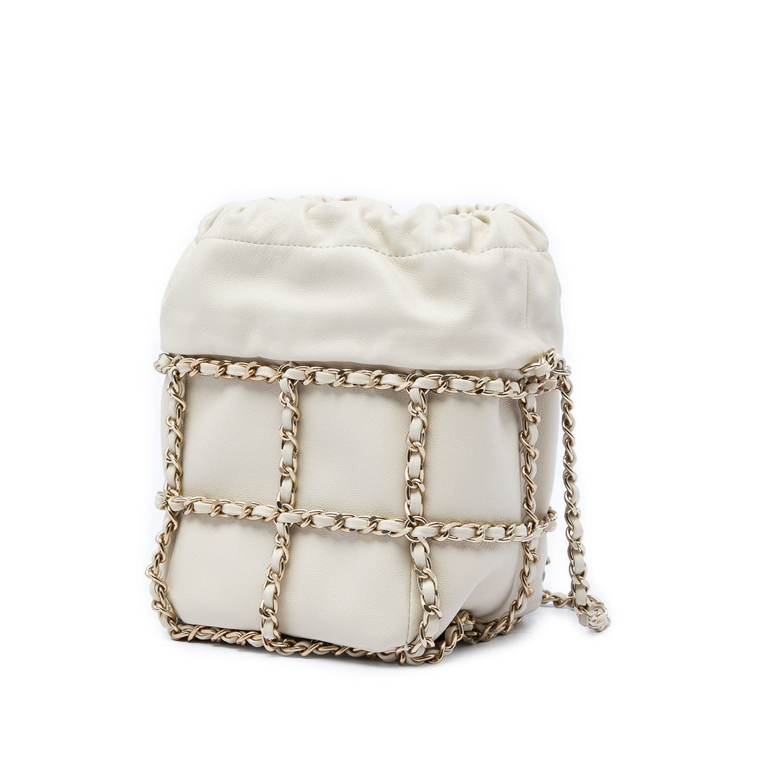 CC Chaîne Armature Sac à cordon seau Mini Cuir d'agneau Blanc