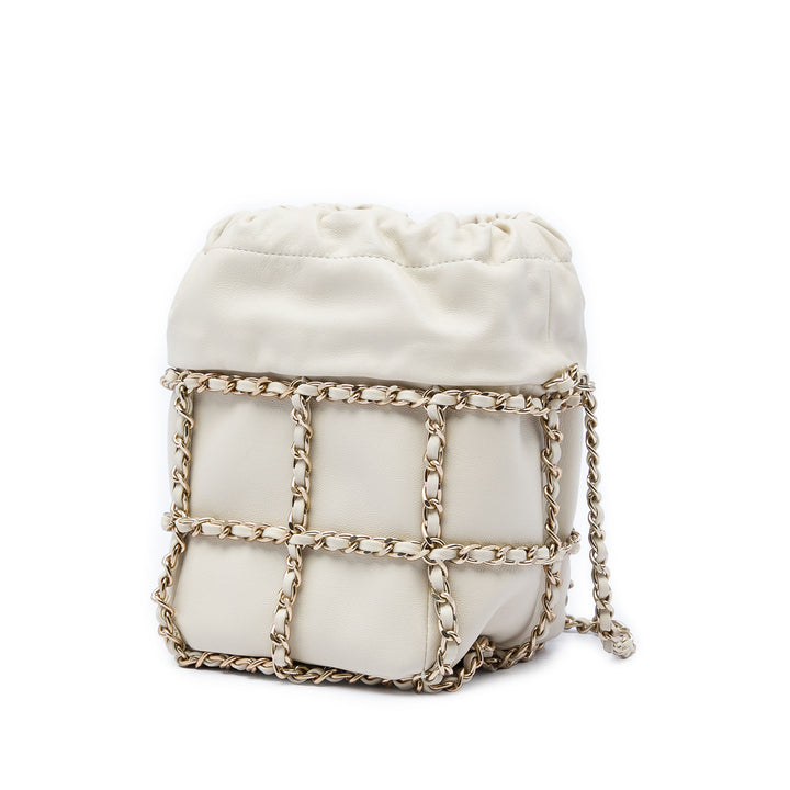 CC Chaîne Armature Sac à cordon seau Mini Cuir d'agneau Blanc