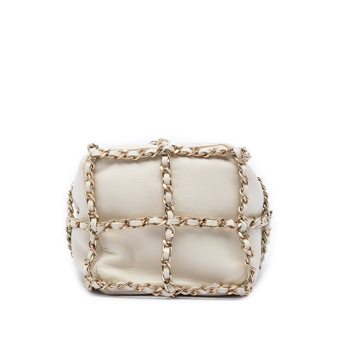 CC Chaîne Armature Sac à cordon seau Mini Cuir d'agneau Blanc