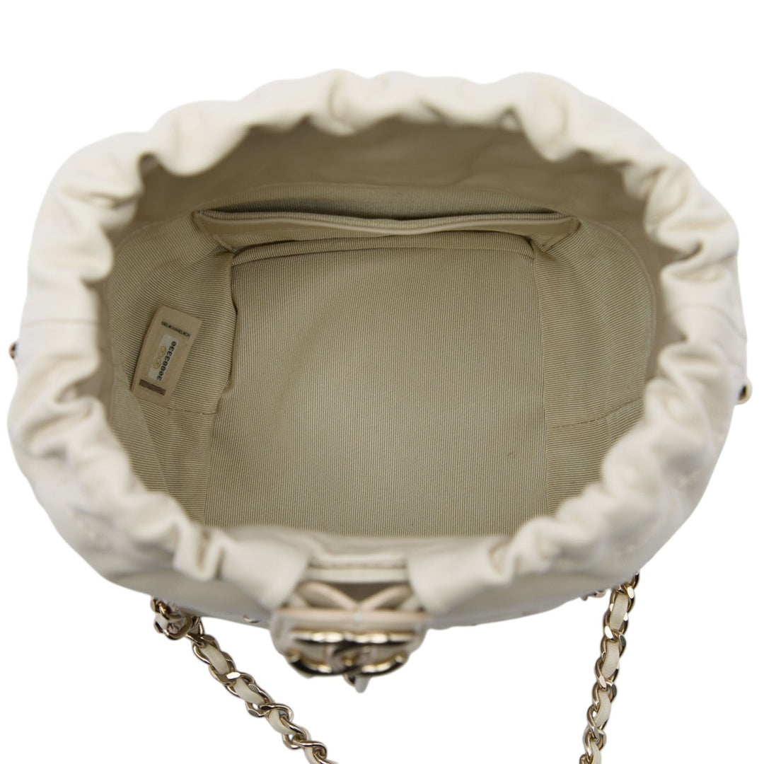 CC Chaîne Armature Sac à cordon seau Mini Cuir d'agneau Blanc