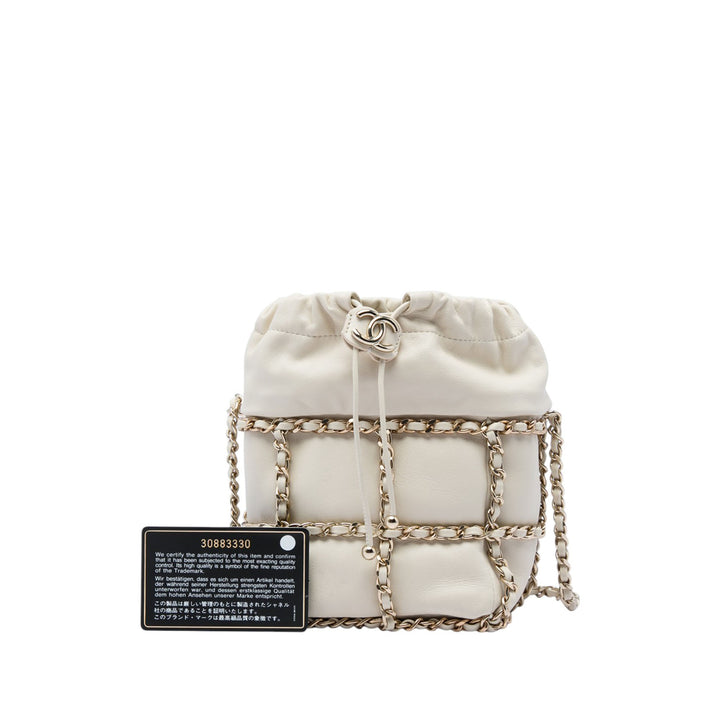 CC Chaîne Armature Sac à cordon seau Mini Cuir d'agneau Blanc