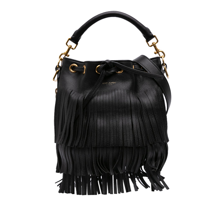 Small Calfskin Emmanuelle Fringe Bucket Bag Black - Gaby Paris