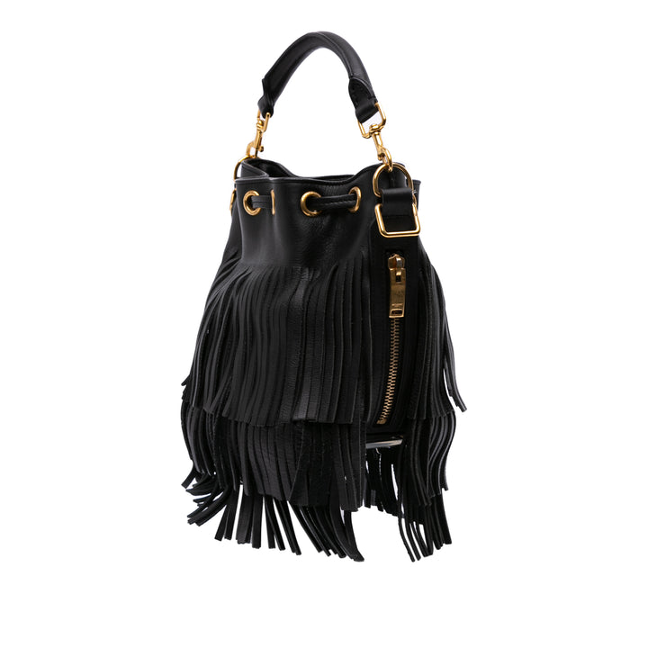 Small Calfskin Emmanuelle Fringe Bucket Bag Black - Gaby Paris