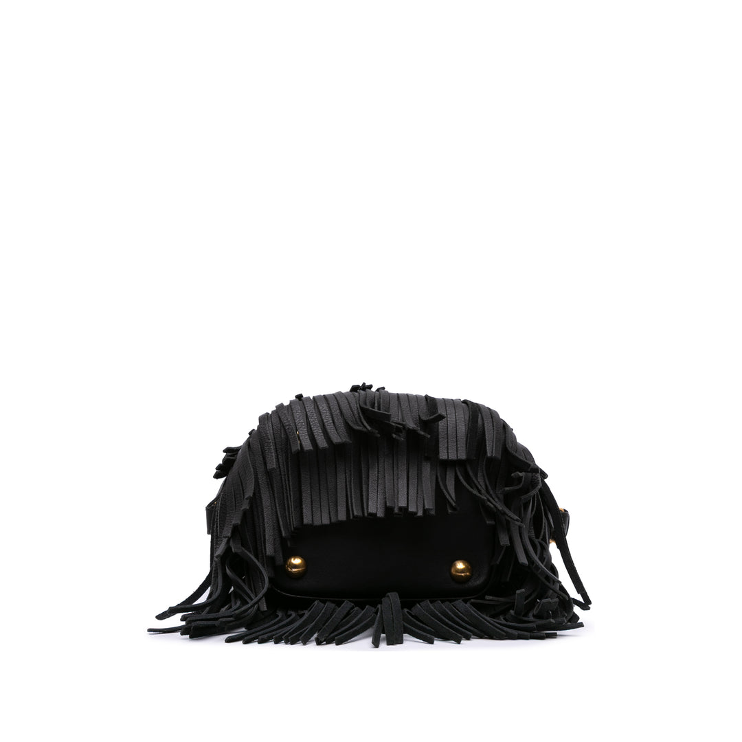 Small Calfskin Emmanuelle Fringe Bucket Bag Black - Gaby Paris