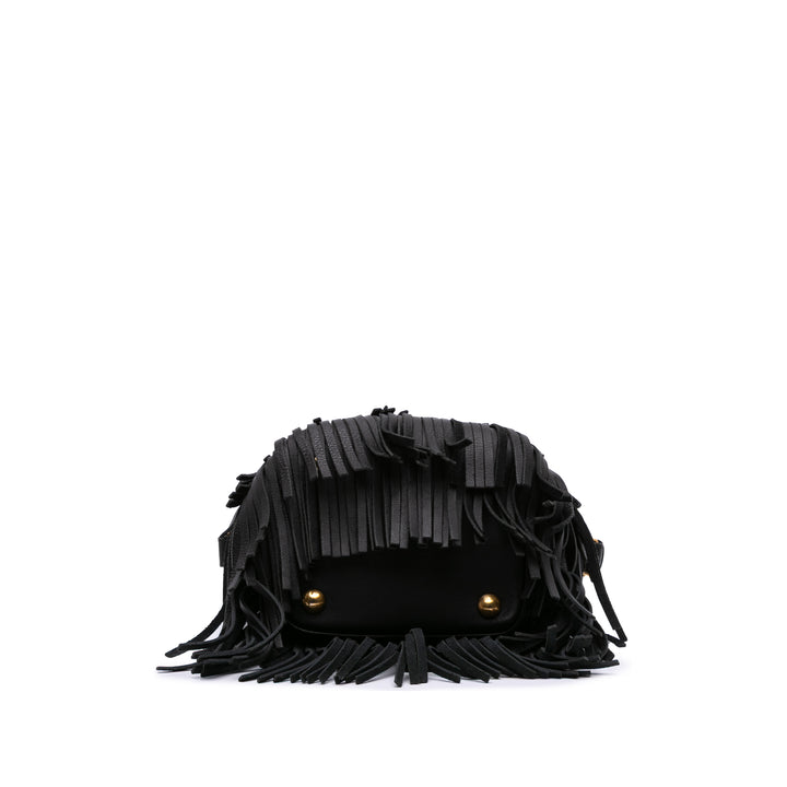 Small Calfskin Emmanuelle Fringe Bucket Bag Black - Gaby Paris