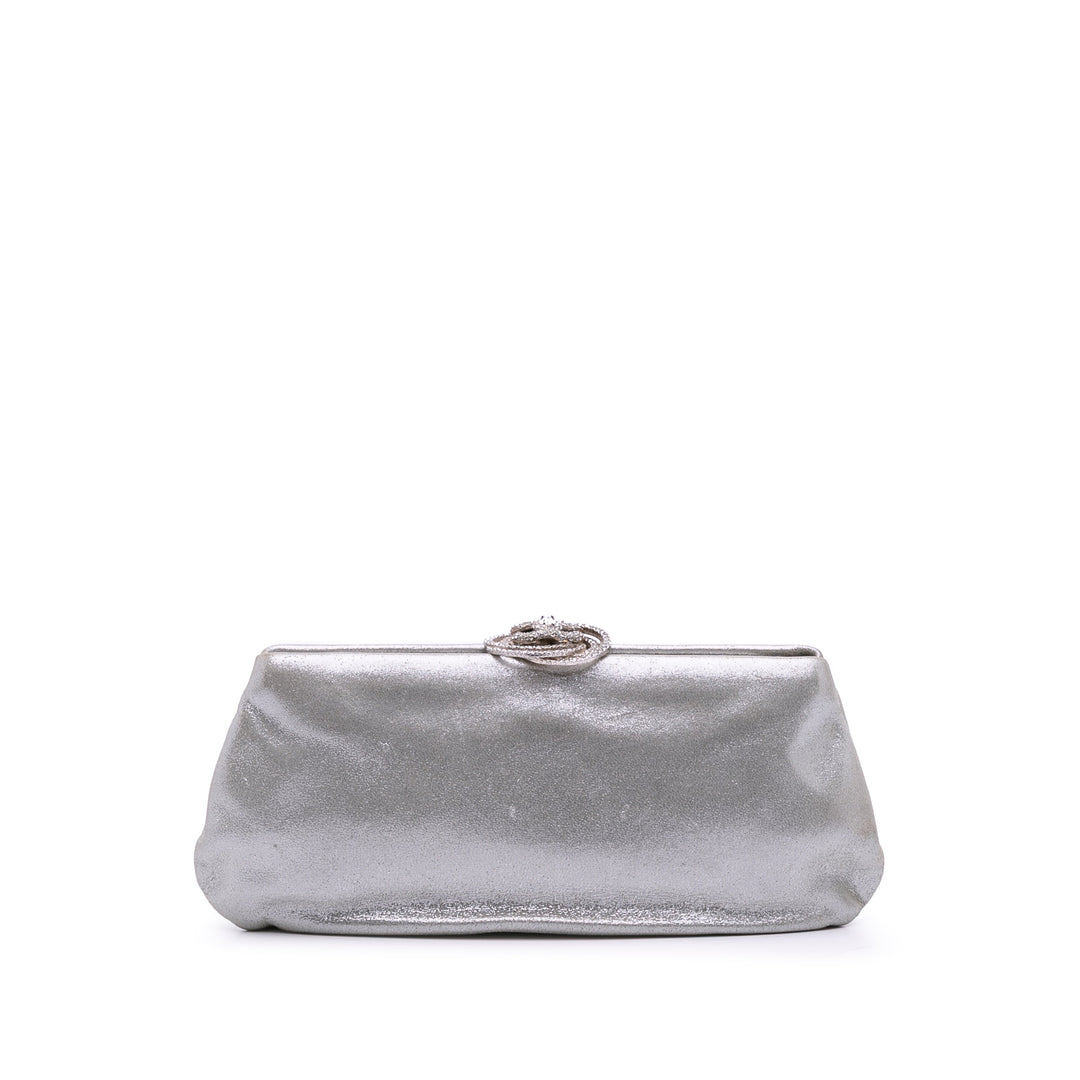 Metallic Satin Crystal Camellia Evening Frame Clutch Silver - Gaby Paris