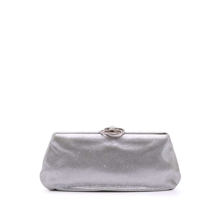 Metallic Satin Crystal Camellia Evening Frame Clutch Silver - Gaby Paris