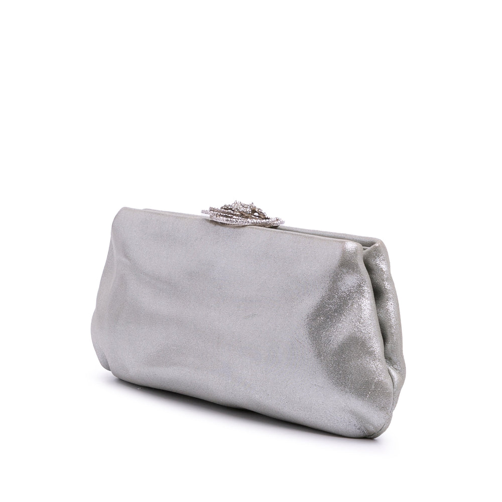 Metallic Satin Crystal Camellia Evening Frame Clutch Silver - Gaby Paris