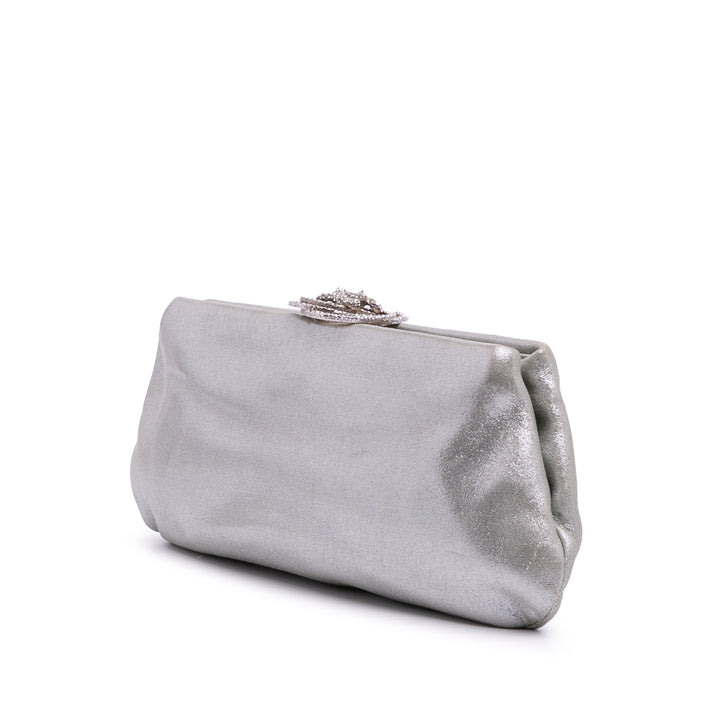 Metallic Satin Crystal Camellia Evening Frame Clutch Silver - Gaby Paris